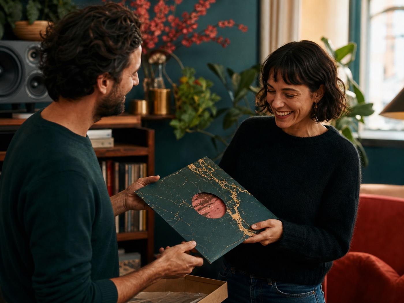 Dos adultos intercambian una funda de disco hecha a mano